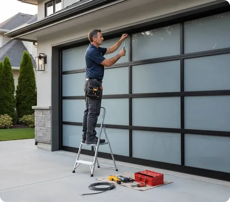 Technician installing a garage door